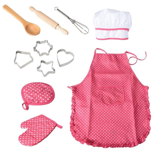 FELTECHELECTR Juego de chef completo de 11 piezas para niños, juego de cocina con gorro de chef, delantal, guante de cocina y utensilios para cocinar.