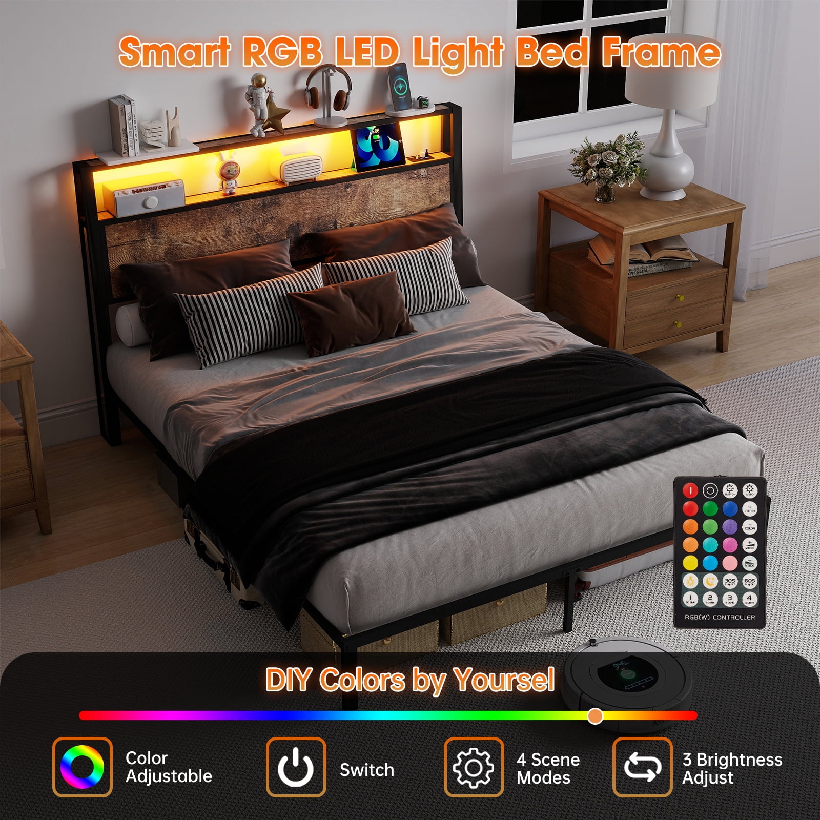 Leumius Full Size Bed Frame with Headboard, Platform Bed with RGB LED Light & Charging Station & Under Bed Storage Space, Easy Assembly, Brown