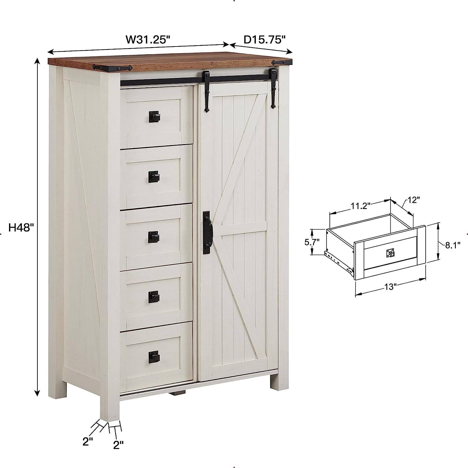 OKD Modern Farmhouse 5-Drawer Dresser with Barn Door, Adjustable Storage Cabinet for Bedroom Living Room, White