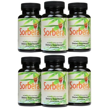 Sorbera Advanced Shelf Stable Probiotic + Prebiotic -150 Billion CFU/gram -2.25 Billion CFU (15mg)/serving - Recommended for Digestive Health for Adult Men & Women - 1 A Day - 30 Capsules - (6 Pack)