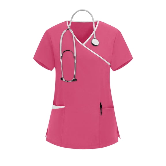 Vmvidoty Scrub Top for Women – Soft Stretch V-Neck Scrubs with 2 Inset Slip Pockets and a Curved Hemline, Easy Care Hot Pink S