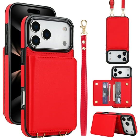 Crossbody Strap Wallet Case for iPhone Air with Card Holder, Luxury PU Leather RFID Blocking Protective Case with Magnetic Back Flip Kickstand Detachable Wrist Lanyard,Red