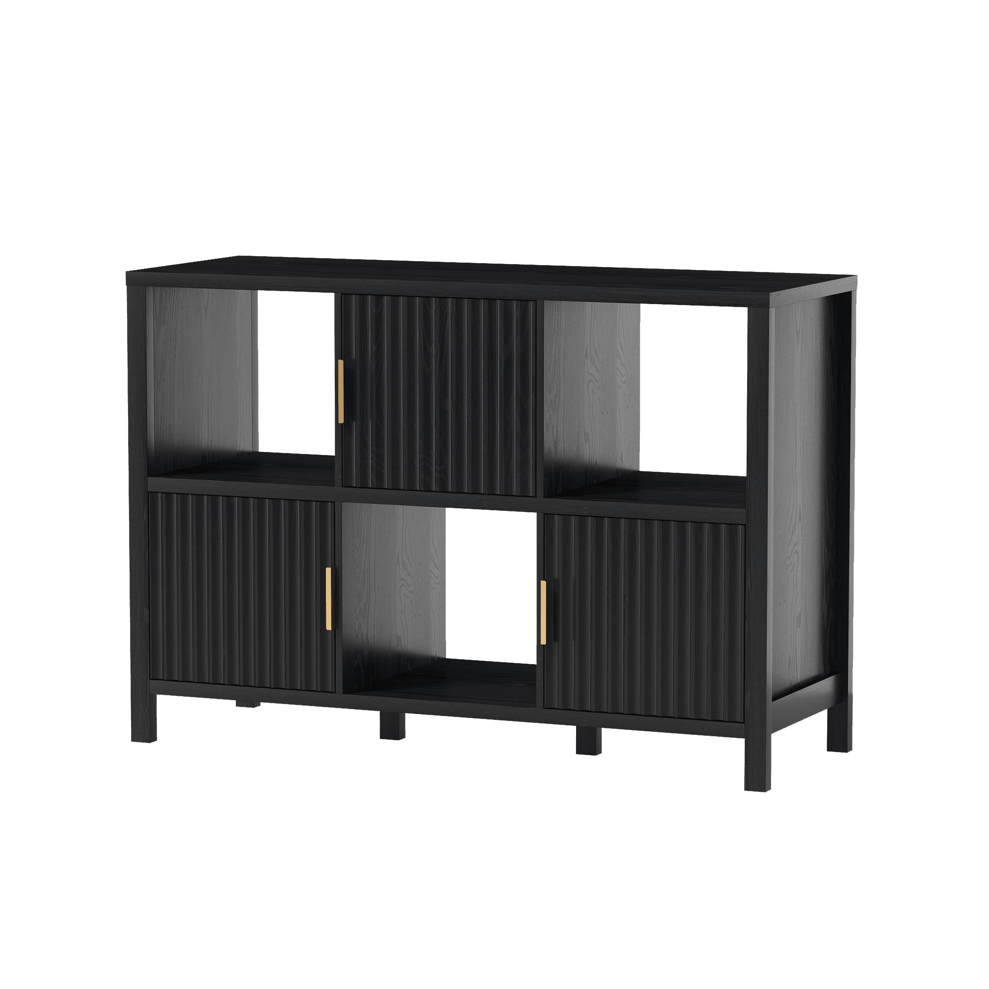 EYYTHUNG Fluted Storage Organizer Bookshelf, Modern Cube Bookcase with 3 Open Shelf and 3 Cabinets with Doors, Black