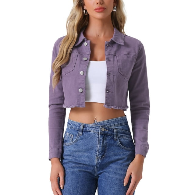 INSPIRE CHIC Women's Jean Jacket Frayed Button Up Washed Cropped Denim Jacket Purple L