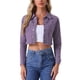 thumbnail image 1 of CHAQUETA DE DENIM CORTA LAVADA CON BOTONES Y DESGASTE PARA MUJERES INSPIRADA EN CHIC, MORADO, TAMAÑO S, 1 of 6