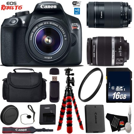 Canon EOS Rebel T6 DSLR Camera with 18-55mm is Lens & 55-250mm is STM Lens + Flexible Tripod + UV Protection Filter + Professional Case + Card Reader - Intl Model