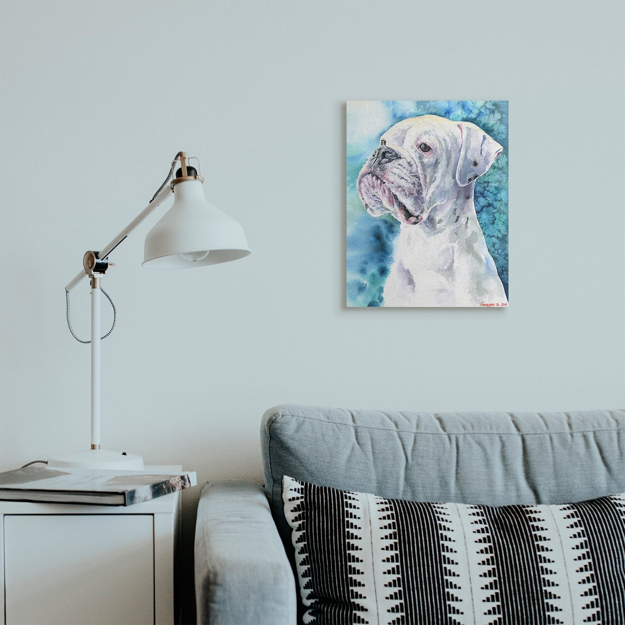 Stupell Industries White Boxer Gaze Pet Dog over Blue Canvas Wall Art, 36 x 48, Design by George Dyachenko