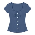 thumbnail image 4 of Favoffer Women's Linen Shirt Front Button Closure Short Sleeve Waist Cinching Slim Fit Breathable Summer Daily Commute Casual Blouse, 4 of 7