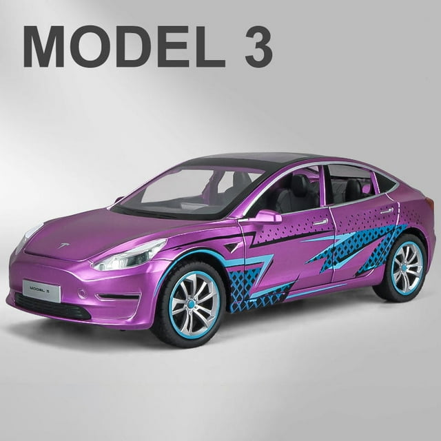 New 1:24 Teslas Model Y Model 3 With Charging Pile Alloy Car Die Cast Toy Car Model Sound and Light Children's Collectibles Gift Model 3 Purple