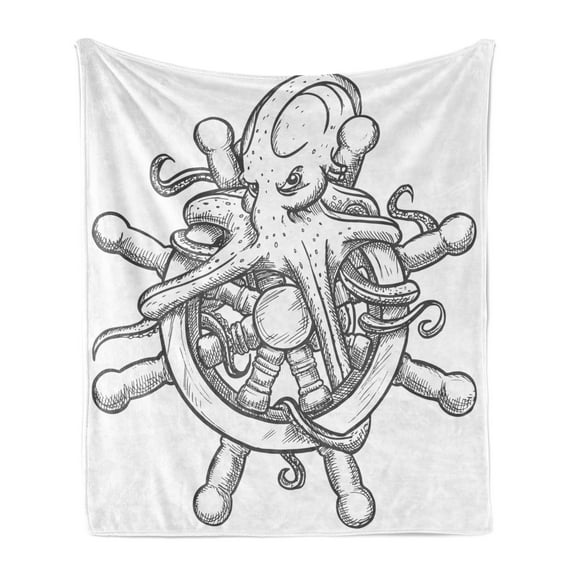 Octopus Soft Flannel Fleece Throw Blanket, Dangerous Octopus on Helm of Sailing Ship with Tentacles Around Handles Print, Cozy Plush for Indoor and Outdoor Use, 60" x 80", Black White, by Ambesonne