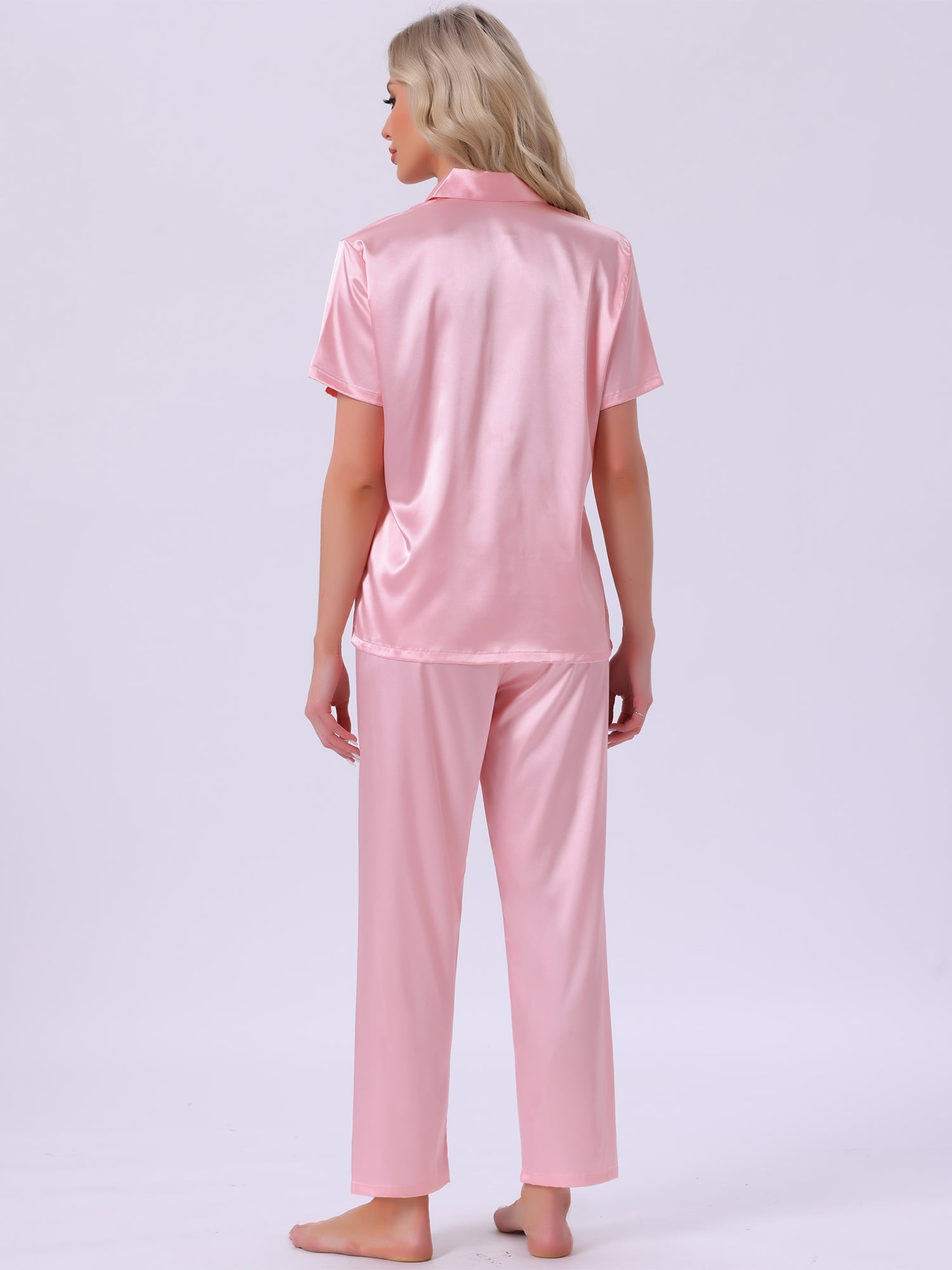 DARING DIVA Satin Pajamas Silky Button Down Short Sleeve Shirt Pants Set M Pink