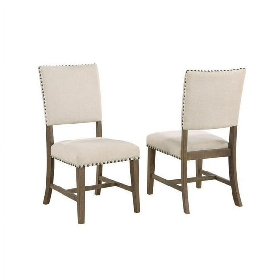 Set of 2 Beige Linen Upholstered Dining Chairs with Brown Oak Wood Frame