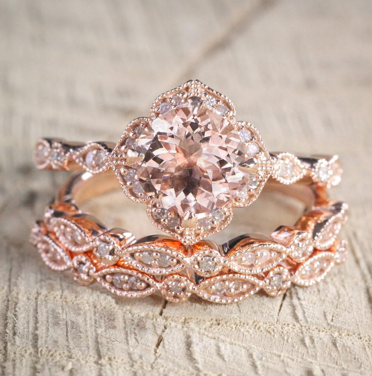 2 carat Morganite and Diamond Trio Wedding Bridal Ring Set in 10k Rose Gold with One Engagement Ring and 2 Wedding Bands by JeenJewels