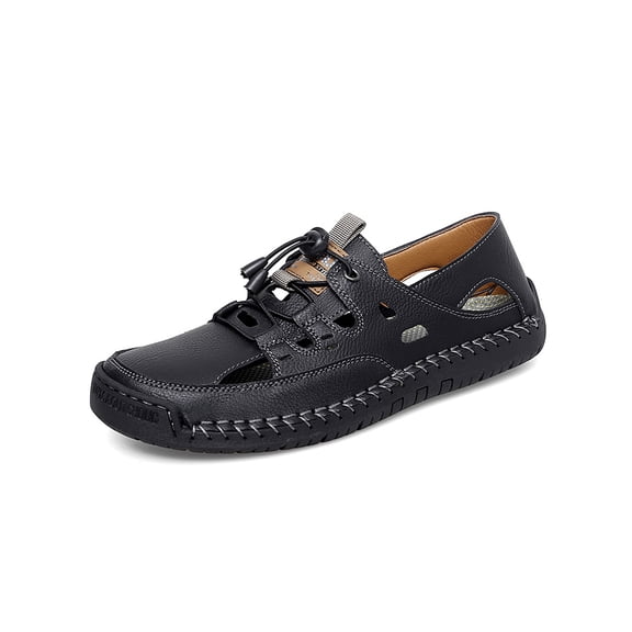 Mens Sandals Leather Casual Closed Toe Beach Fisherman Shoes Outdoor Summer Sports Breathable Walking Shoes Black 7.5 US