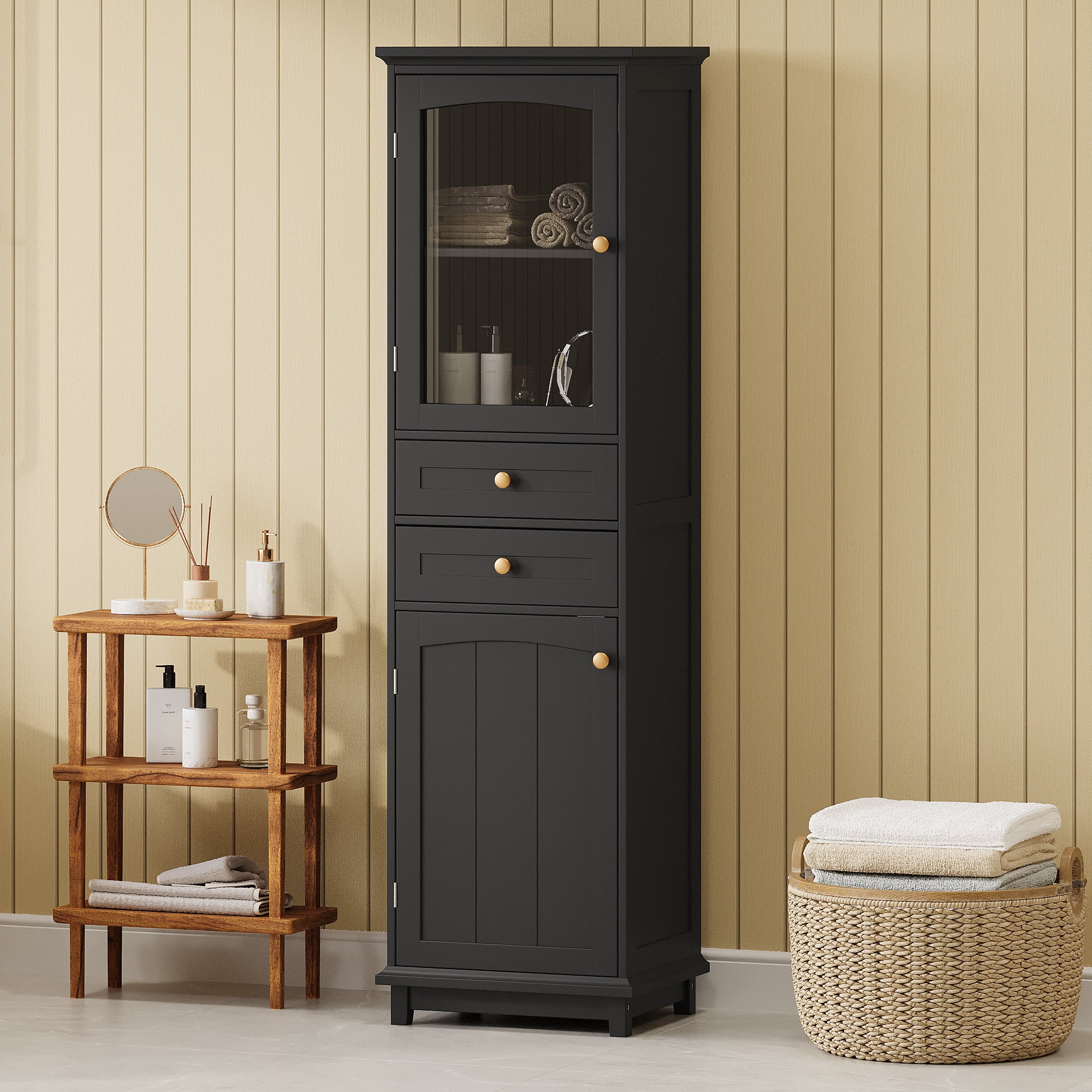 MAYEERTY 63" Freestanding Tall Bathroom Storage Cabinet - With Glass Doors, Tall Storage Solution for Bathrooms