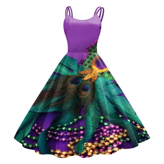 Mardi Gras Outfits Women Christmas Sleeveless Knee Length Retro A Line Flared Swing Formal Prom Party Dress Purple XL