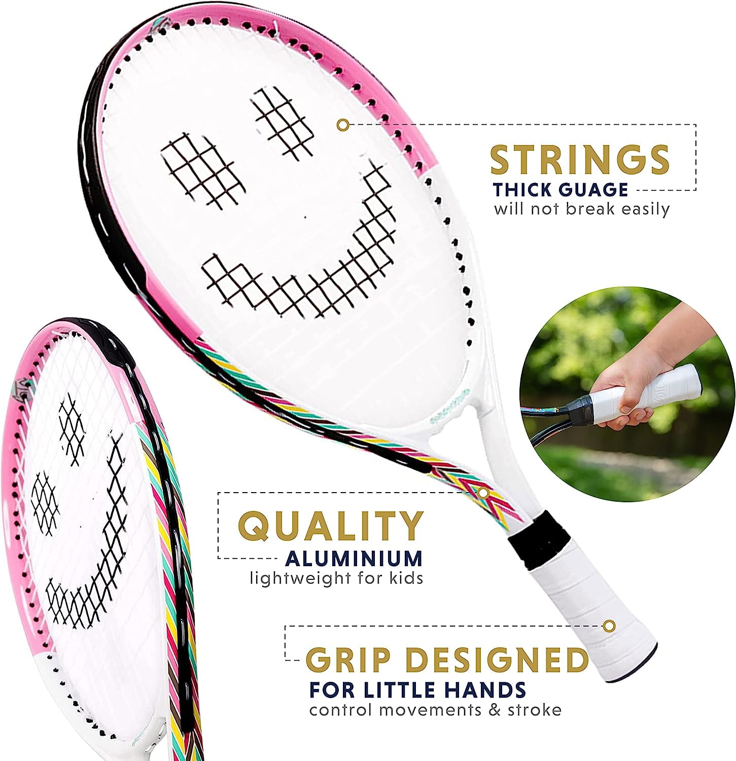 Tennis Racket for Kids with Training Videos by Street Tennis Club - Proper Equipment Helps You Learn Faster and Play Better - 21" Pink/White