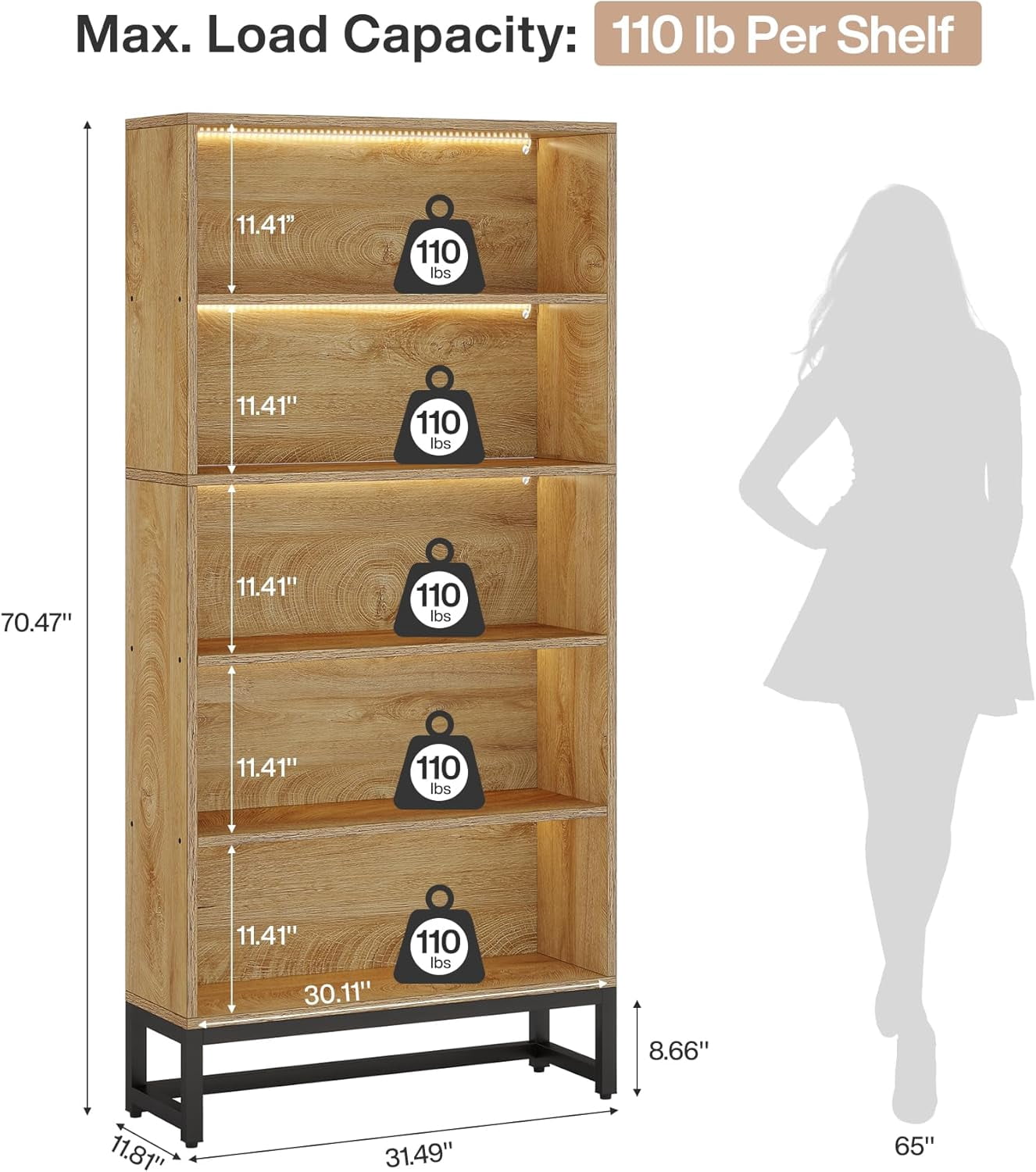 Tribesigns Heavy-Duty Tall Bookcase with LED Lights, 70.8-Inch 5-Tier Bookshelf with Storage Shelves for Living Room, Bedroom, Office - Brown