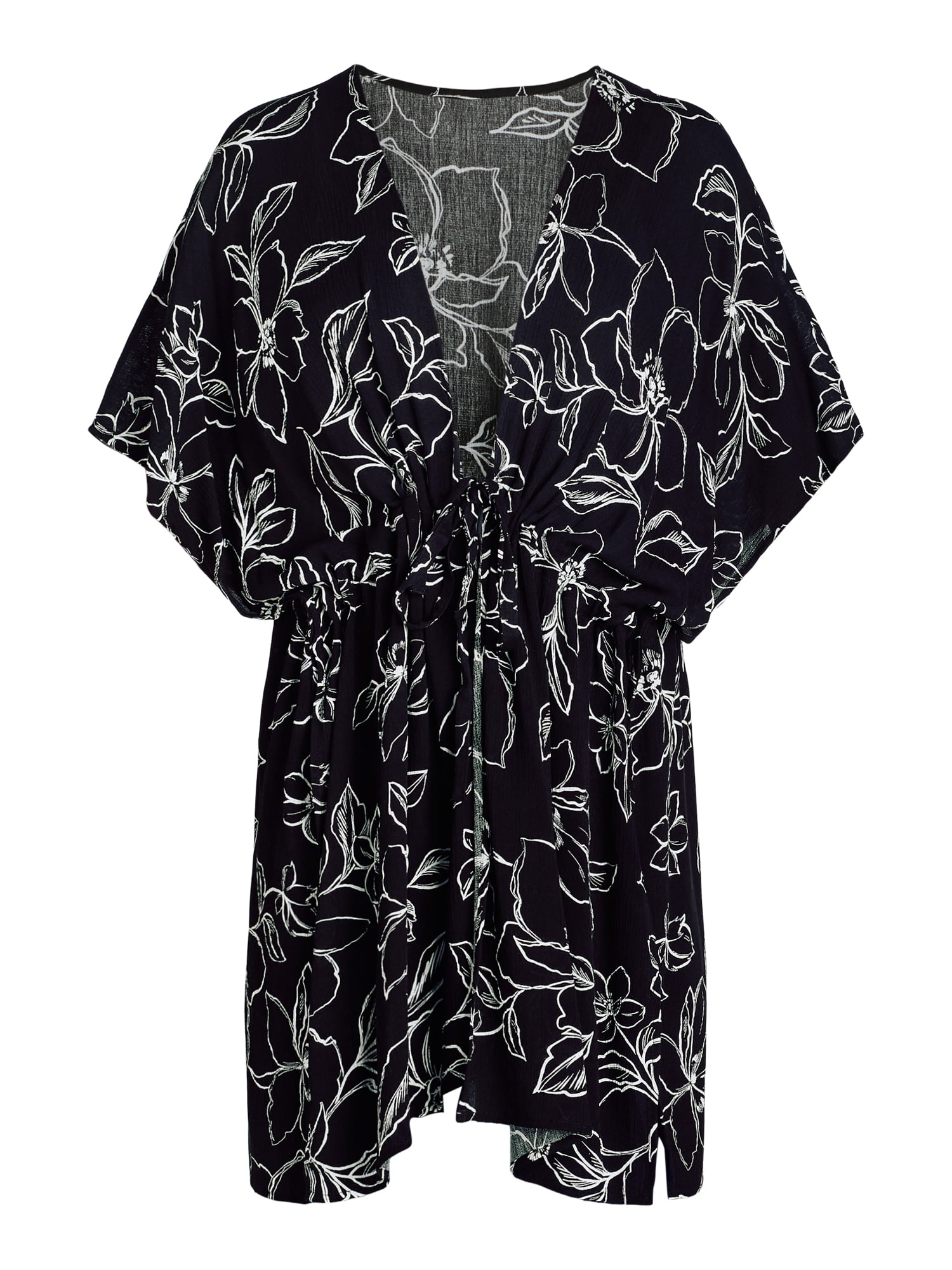 Time and Tru Women's Rayon Ruched Tie Front Print, S/M, Black Soot Floral