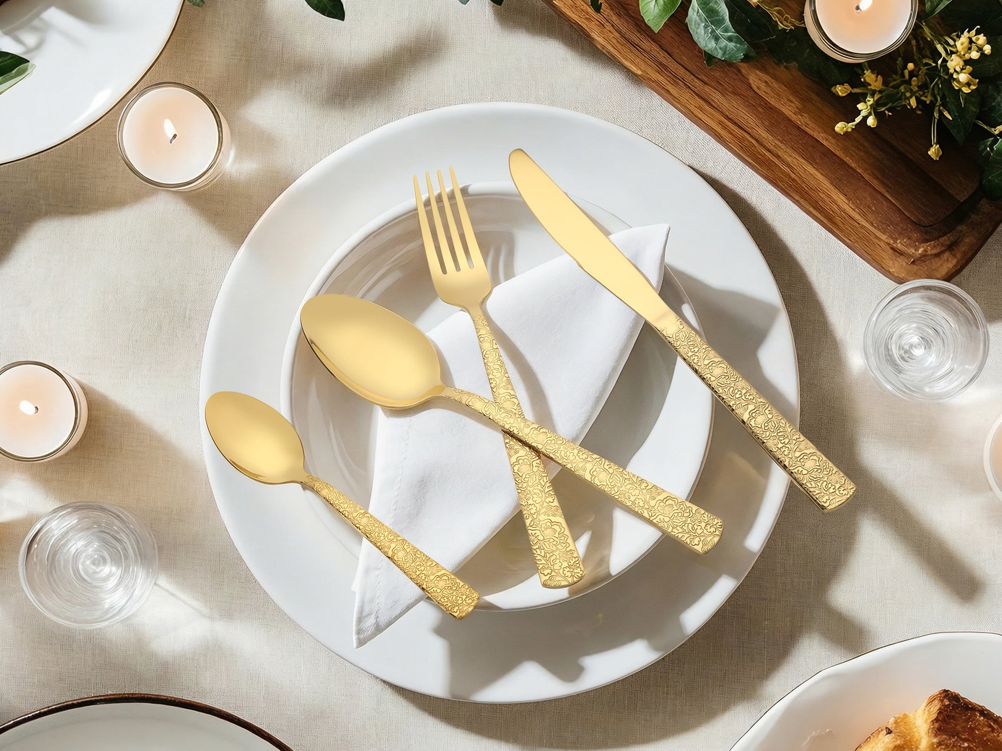 Unique Bargains Stainless Steel Floral Flatware Set for Multiple Uses Gold 4pcs