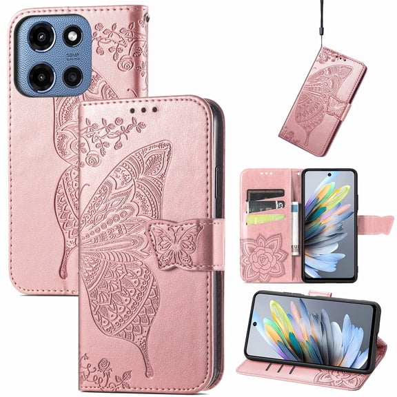 for Motorola Moto G 2025 Case Wallet, Women Flip Cover with Butterfly Emboss PU Leather Stand Card Slots Wrist Strap Protective Phone Case for Moto G 5G 2025,Rosegold