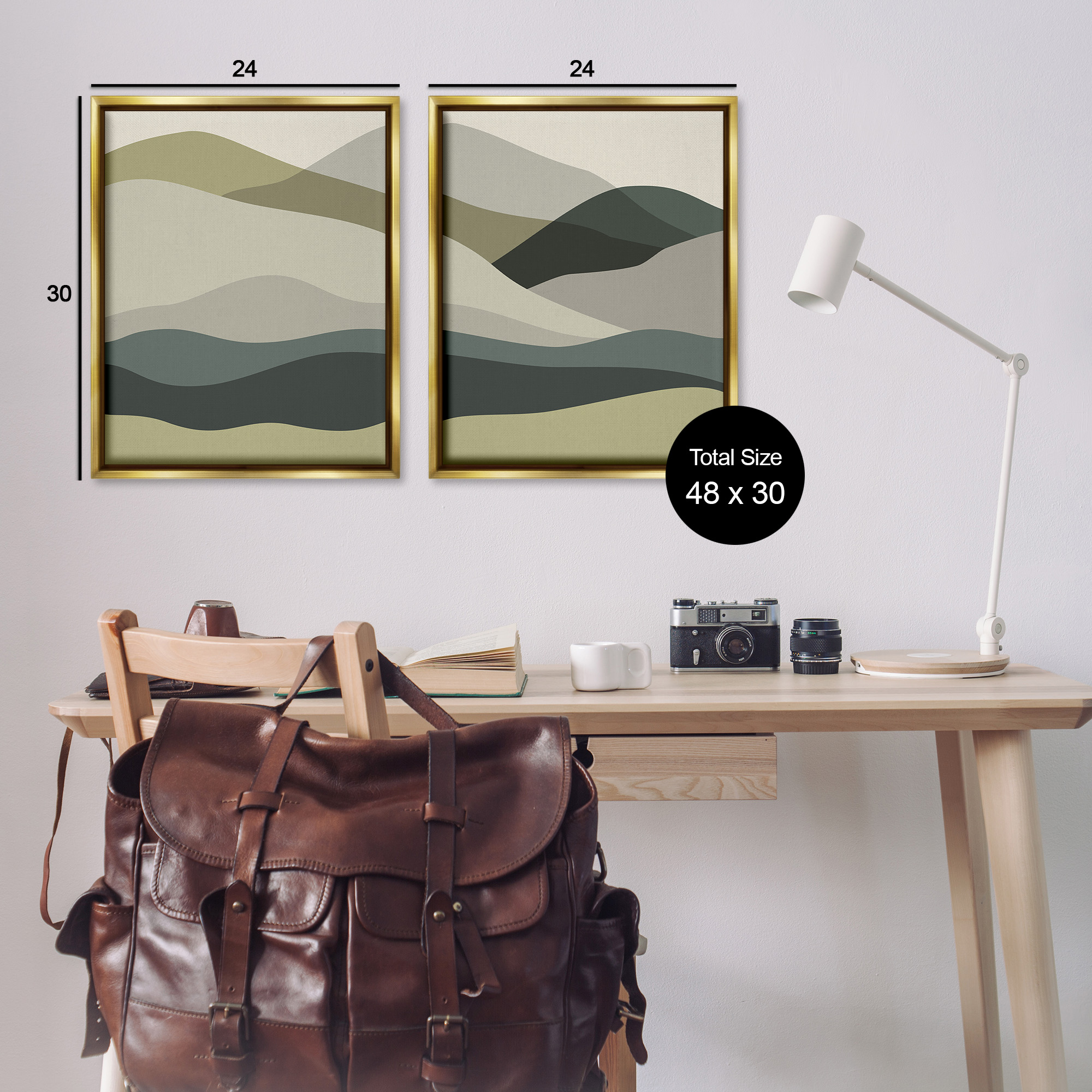 Stupell Industries Modern Green Mountains Landscape Painting Gold Floater Framed Canvas Art Print Wall Art, 25 x 31, Set of 2