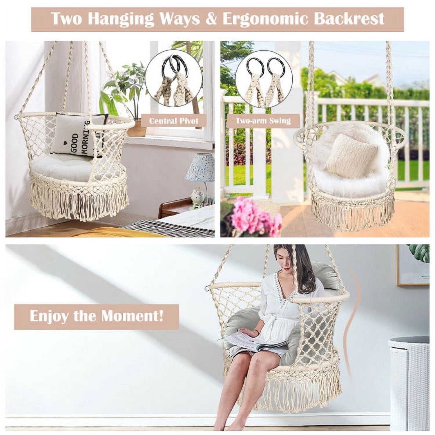 Aimee Lii Hanging Hammock Chair with 330 Pounds Capacity and Cotton Rope Handwoven Tassels Design, Patio Swing Chair, Beige