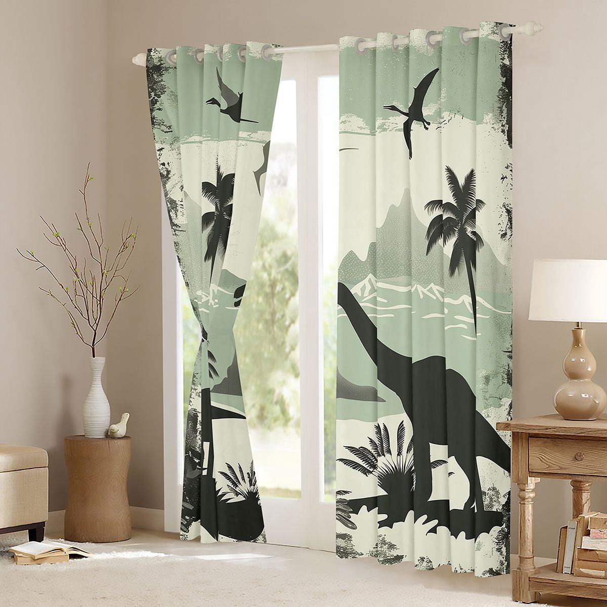 Manfei Vintage Wild Dino Black Out Curtains,Coconut Tree Curtains Pack of 2 (42x63 Each),Green Beige Bedroom Curtains For Men Women,Ultra Soft Home Decor