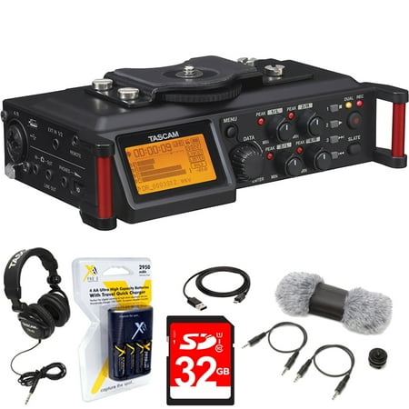 Tascam Portable Recorder for DSLR (DR-70D) + 32GB SDHC Class 10 Memory Card + Closed-Back Headphones + AA Charger (100-240v) w/ 4 2950mah AA Batteries + Tascam Accessory Kit for DR-70D