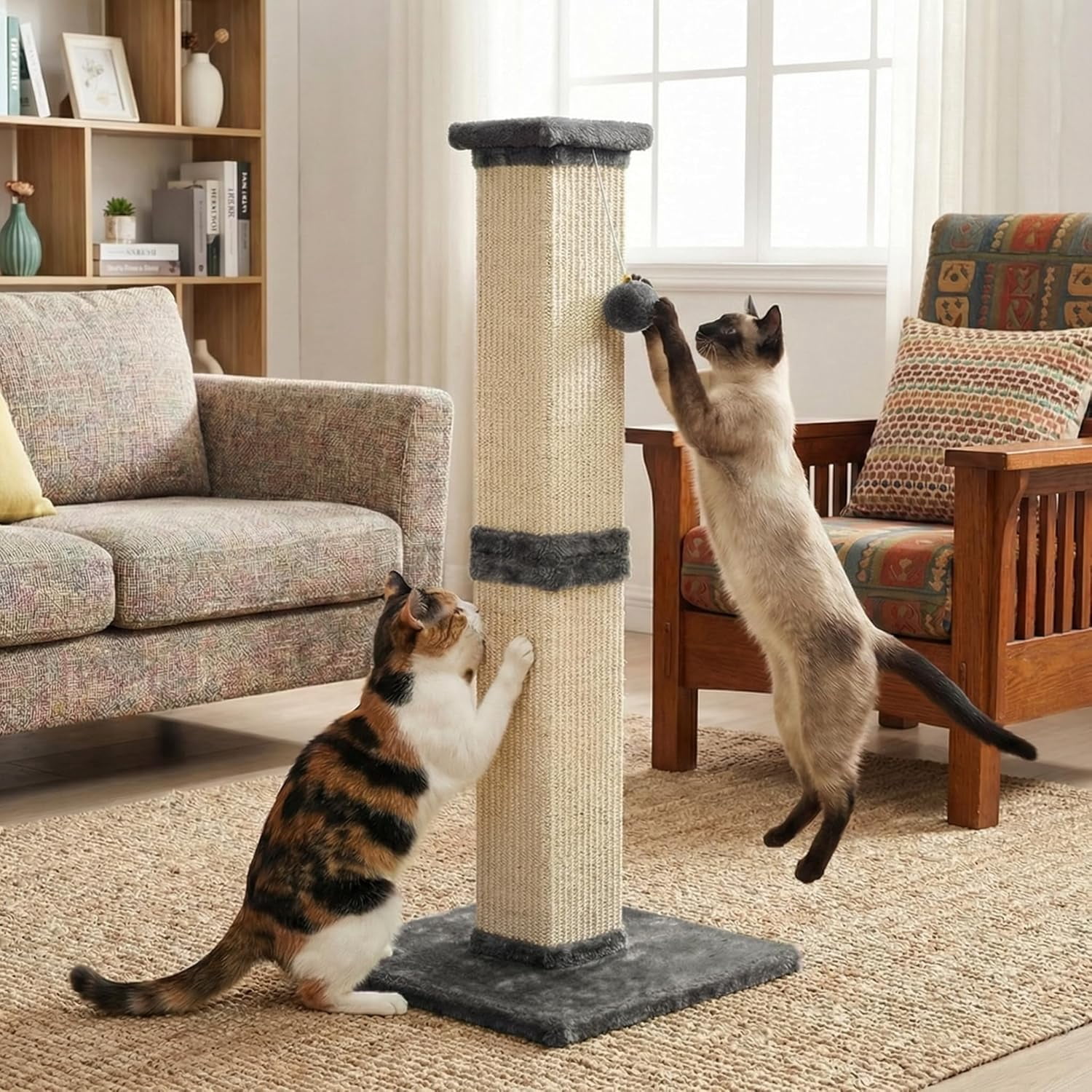 Tall  Scratching Post, 32'' Heavy Duty and Thick Sisal Rope with Hanging Ball for Adult Cats -