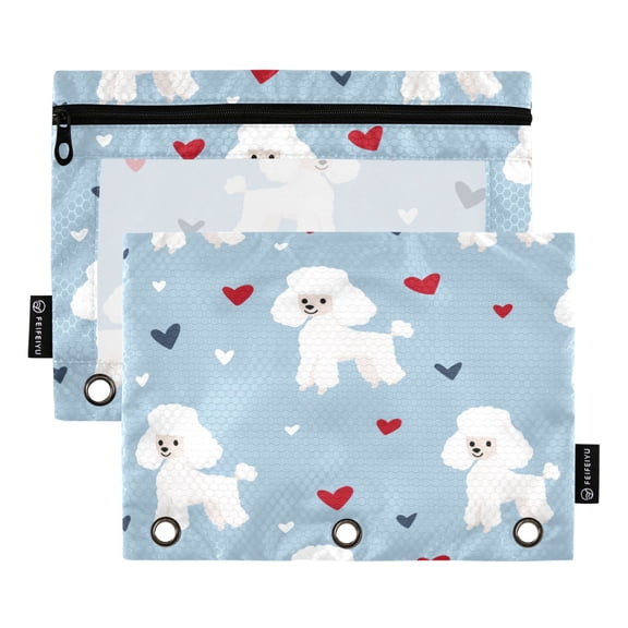 2 Pack 3 Ring Binder Pouch with Clear PVC Window Water Resistant Zipper Pencil Pouch Cute Sweet Poodle Hearts Binder Pocket for Classroom Office Home Stationery Organization