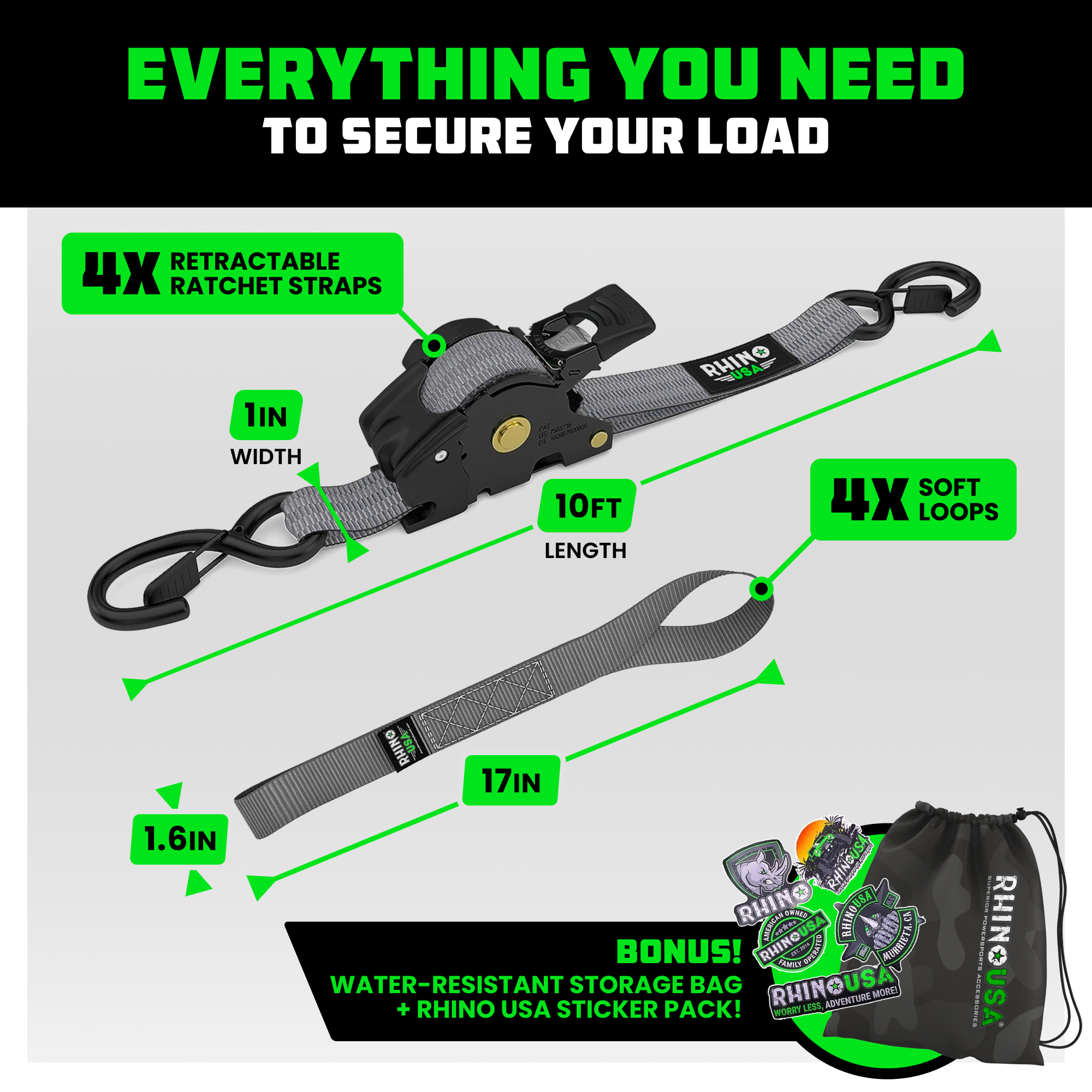 Rhino USA 1" x 10' Retractable Ratchet Straps 1,209lb Break Strength (Gray 4-Pack)