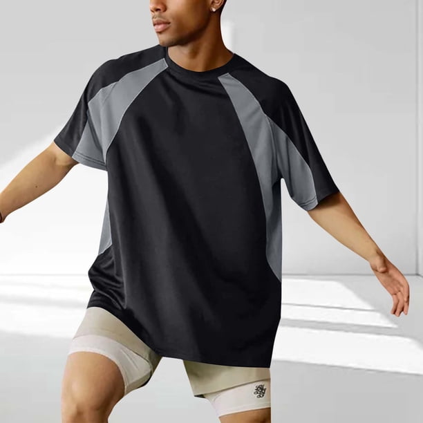 Blusas y camisas de verano para hombre, de manga corta y cuello redondo, con bloques de color, deportivas, de malla, transpirables y holgadas, de poliéster.
