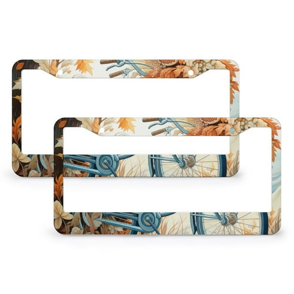 License Plate Cover Bicycle And Autumn Leaves Standard Car Tag Cover Holder 2 Pcs Set Pumpkin Bicycle Leaves Stainless Aluminum License Plate Frames Gift for Dad