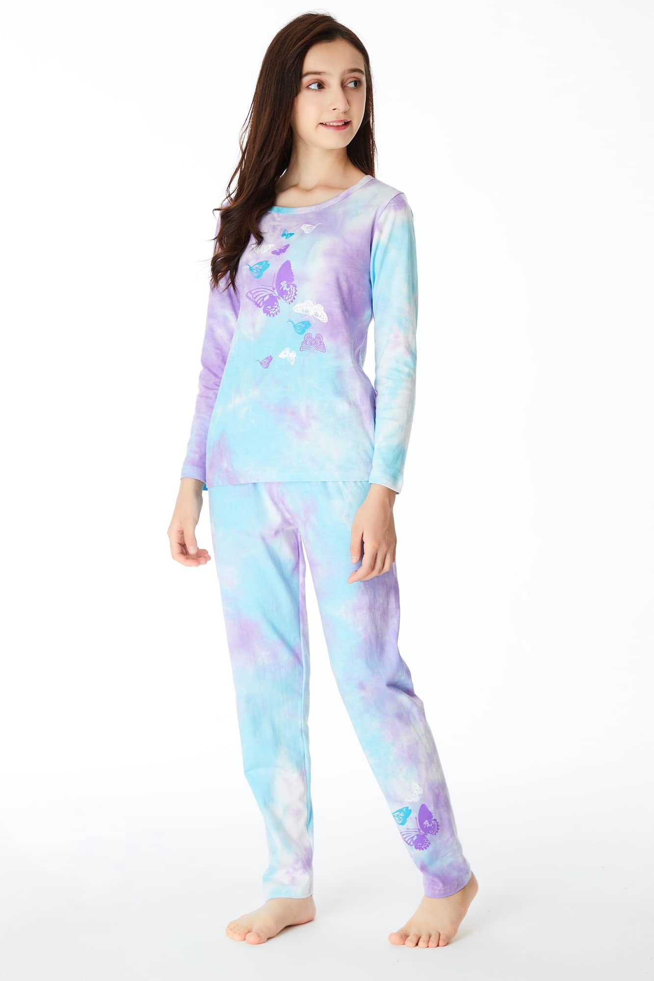 Beezizac Tie Dye Butterfly Pajama Set for Little & Big Girls Size 14 Fall/Winter Cotton Outfit