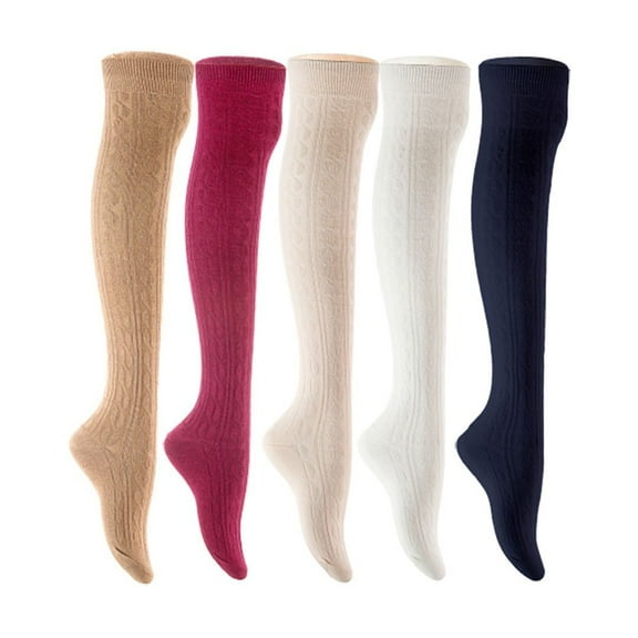 Lian LifeStyle Women's 5 Pair Adorable Comfortable Soft Thigh High Over Knee High Cotton Socks Size 6-9 L1024 Beige,Wine,Cream,White,Navy
