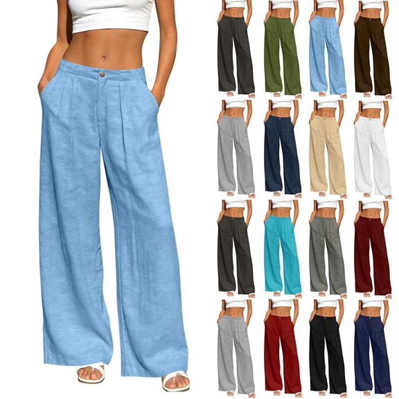 Women's Linen Wide Leg Pants High Waist Pleated Button Zip Fly Casual Loose Solid Color Trousers with Side Pockets Summer Vacation Pants