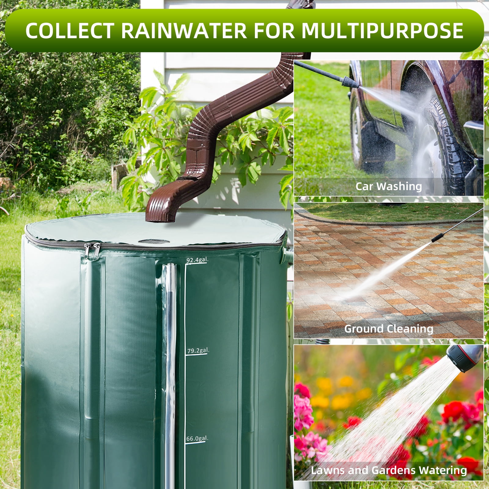 Collapsible Rain Barrel 100 Gallon Rainwater Collection Storage Tank with Garden Hose, Green