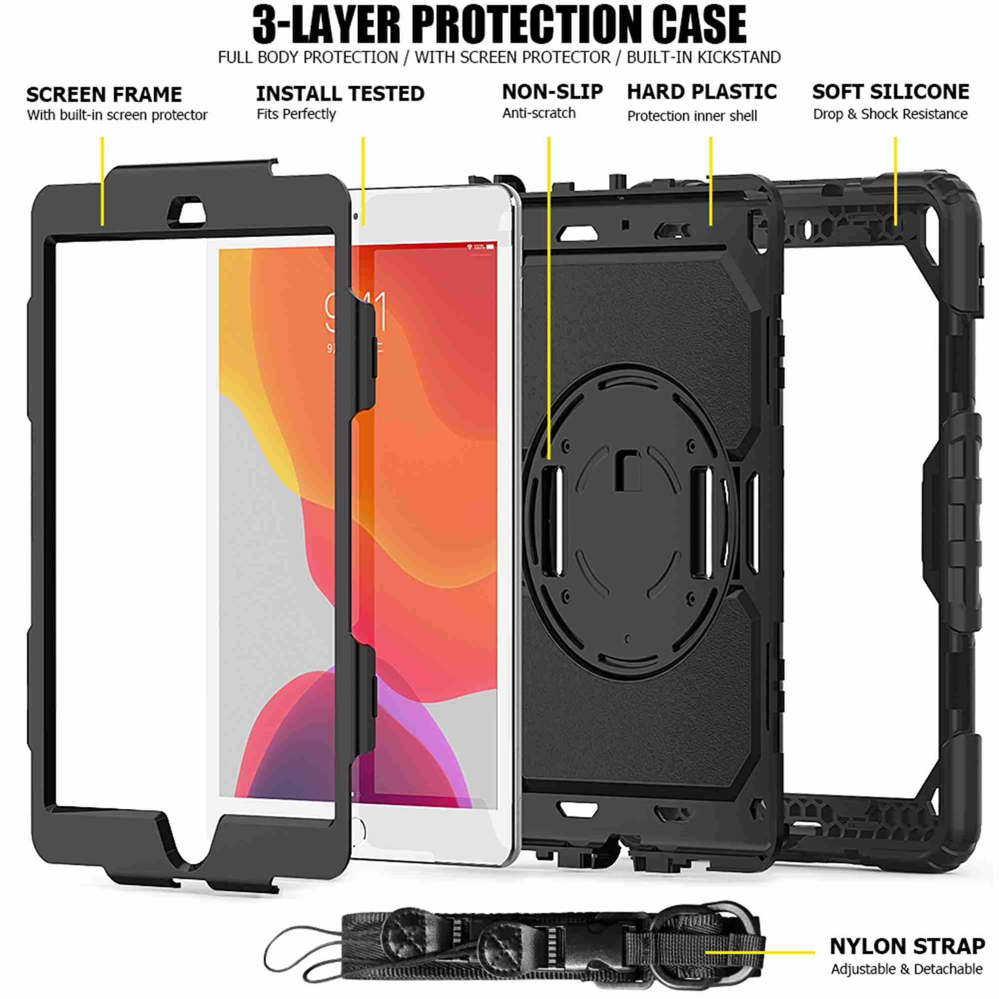 Dteck iPad 9th/ 8th/ 7th Generation Case (iPad 10.2 Case 2021/ 2020/ 2019) with Screen Protector Pencil Holder Kickstand Hand/ Shoulder Strap,Durable Protective Case for iPad 10.2 inch,black