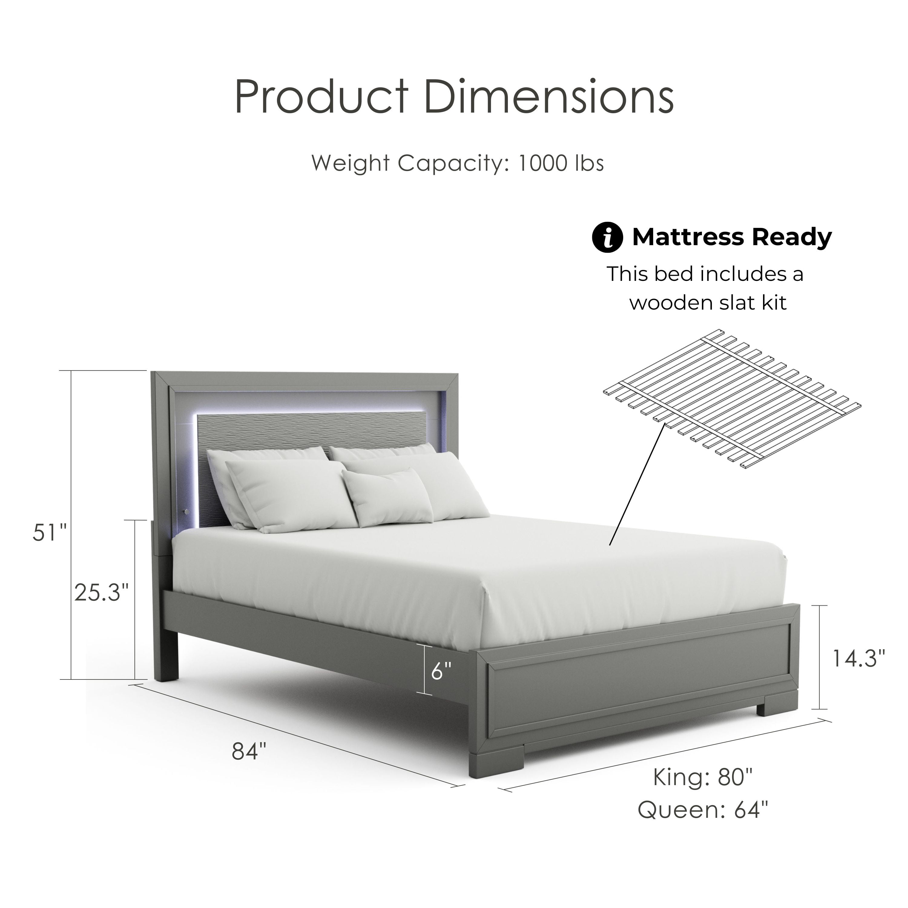 Furniture of America Willow Wood Bed with LED, Gray, King