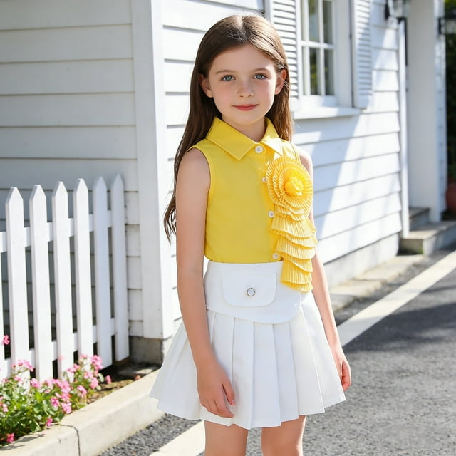 Conjunto de falda y top de moda sin mangas con falda plisada para niña en primavera.