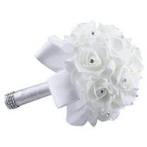 Darzheoy Wedding Bouquet, Crystal Pearl Silk Rose Bride Bridesmaid Wedding Holding Roses, 10" x 8" Artificial Fake Flowers for Wedding Parties and Churches