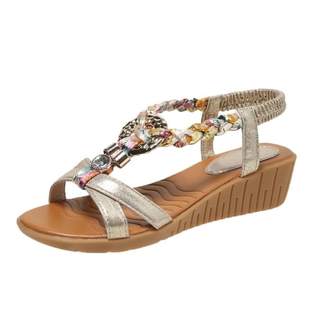 

KI-8jcuD Open Toe Sandals for Women Ladies Fashion Bohemian Summer Leather Knitted Rhinestone Decoration Slope Heel Sandals Womens Wedding Sandals Lea Gold9