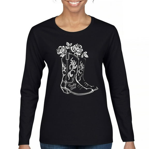 Country Girl Boots Women's Long Sleeve T-shirt Vintage Cowgirl Western Floral Southern Rustic Country Style Cute Roses Rodeo
