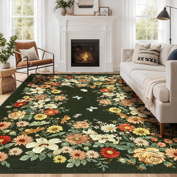 8x10 Floral Area Rug Washable Non Slip Low Pile Living Room Dark Green