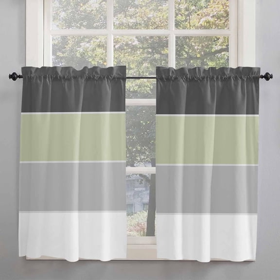 Black Sage Green Striped Window Short Curtains 54 Inch Length, Abstract Gradient Stripes Rod Pocket Window Treatment Kitchen Drapes for Bedroom, Cafe, Living Room, 2 Panels, 42 W x 54 L