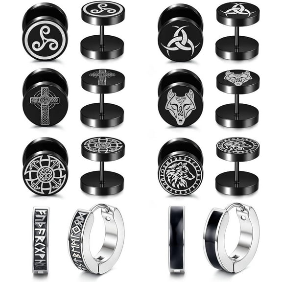 8Pairs Viking Earrings For Men Stainless Steel Norse Viking Stud Earrings Fake Gauges Plug Viking Huggie Hoop Mens Earrings Wolf Runes Divination Piercing Jewelry 18G Black[Z1]