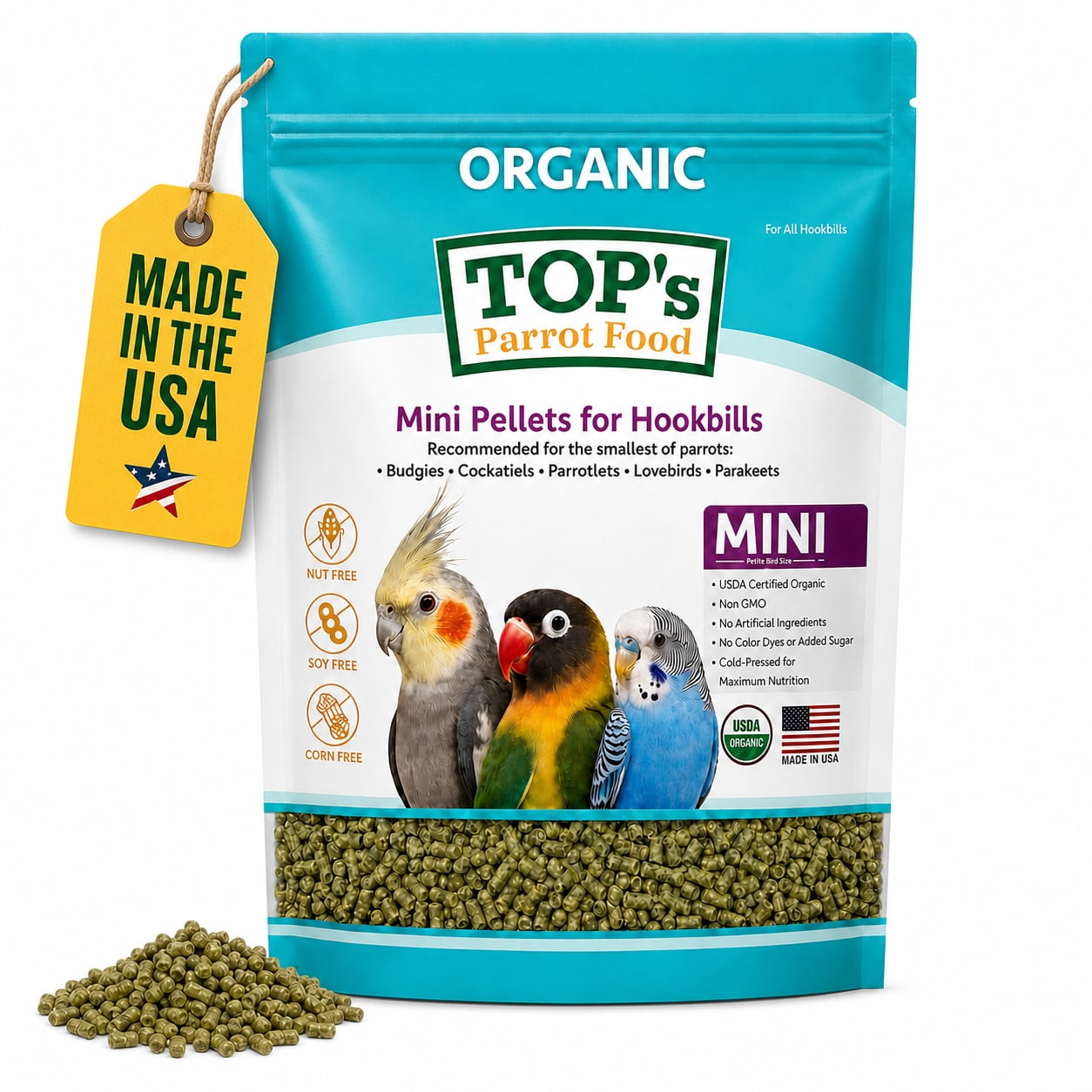 TOP's Parrot Food Mini Pellets for Budgies, Cockatiels, Lovebirds, Parrotlets & Parakeets, USDA Organic Certified, Non-GMO, Corn, Soy & Peanut Free, 1 lb