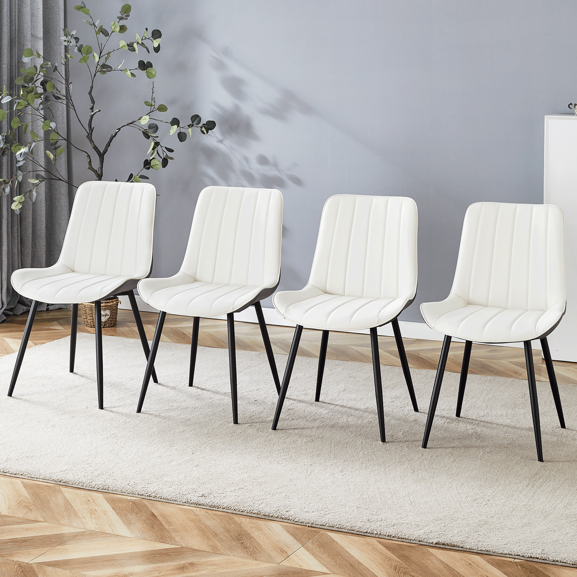 Dining Chairs Set of 4, Modern PU Leather Dining Chair with Extended Seat Cushion, White and Dark Gray, Upholstered Dining Room Chairs with Metal Legs, Comfortable Kitchen Chairs