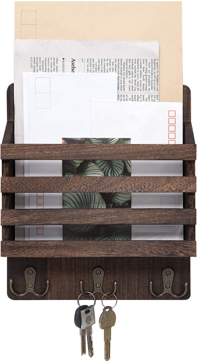 Golden Home Mail Holder for Wall with 3 Key Hooks Modern Wooden Mail